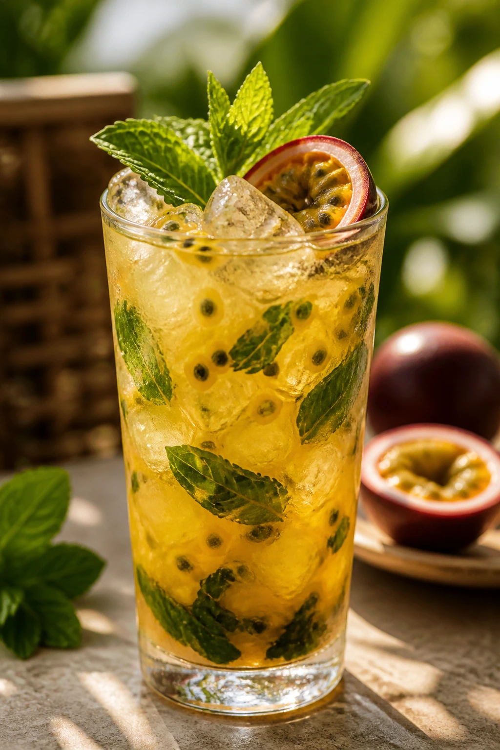 Close-up of Passion Fruit Mojito in a tall glass with mint on a tropical patio