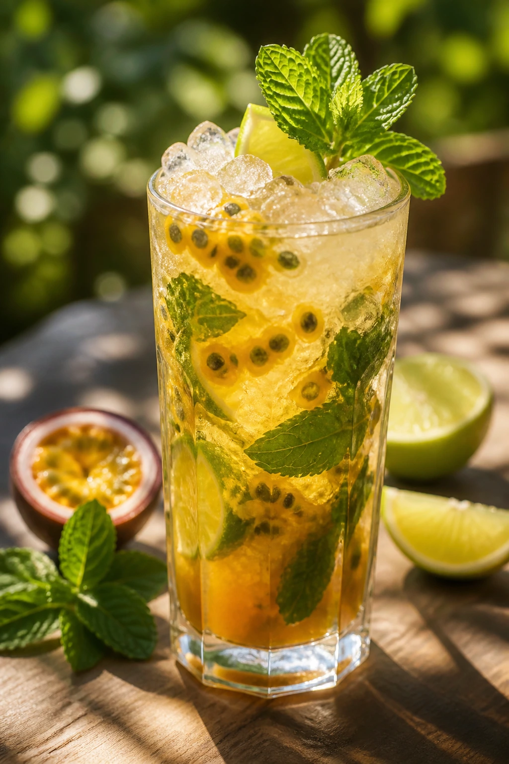 Close-up of Passion Fruit Mojito in a tall glass with mint and passion fruit