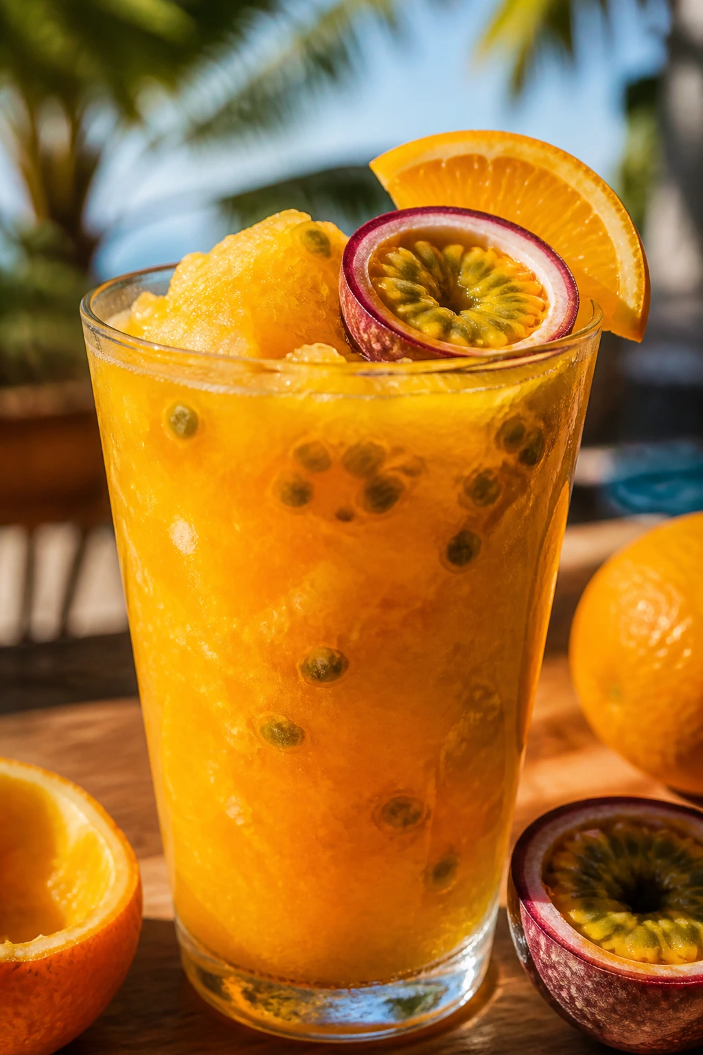 Bright Passion Fruit Orange Cooler in glass with pulp on sunny outdoor cafe table.