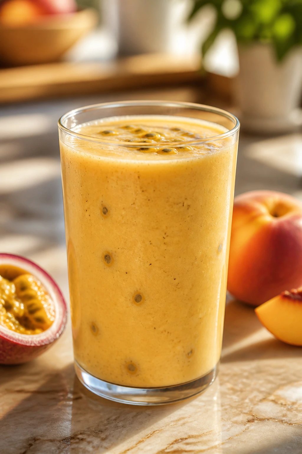 Close-up of Passion Fruit Peach Vanilla Smoothie in a glass on a sunlit kitchen island