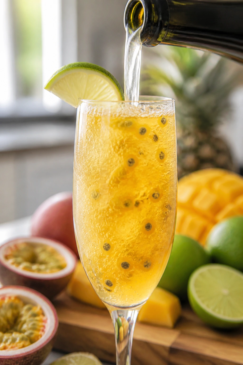 Close-up of Passion Fruit Prosecco Pour in a flute with seeds and lime