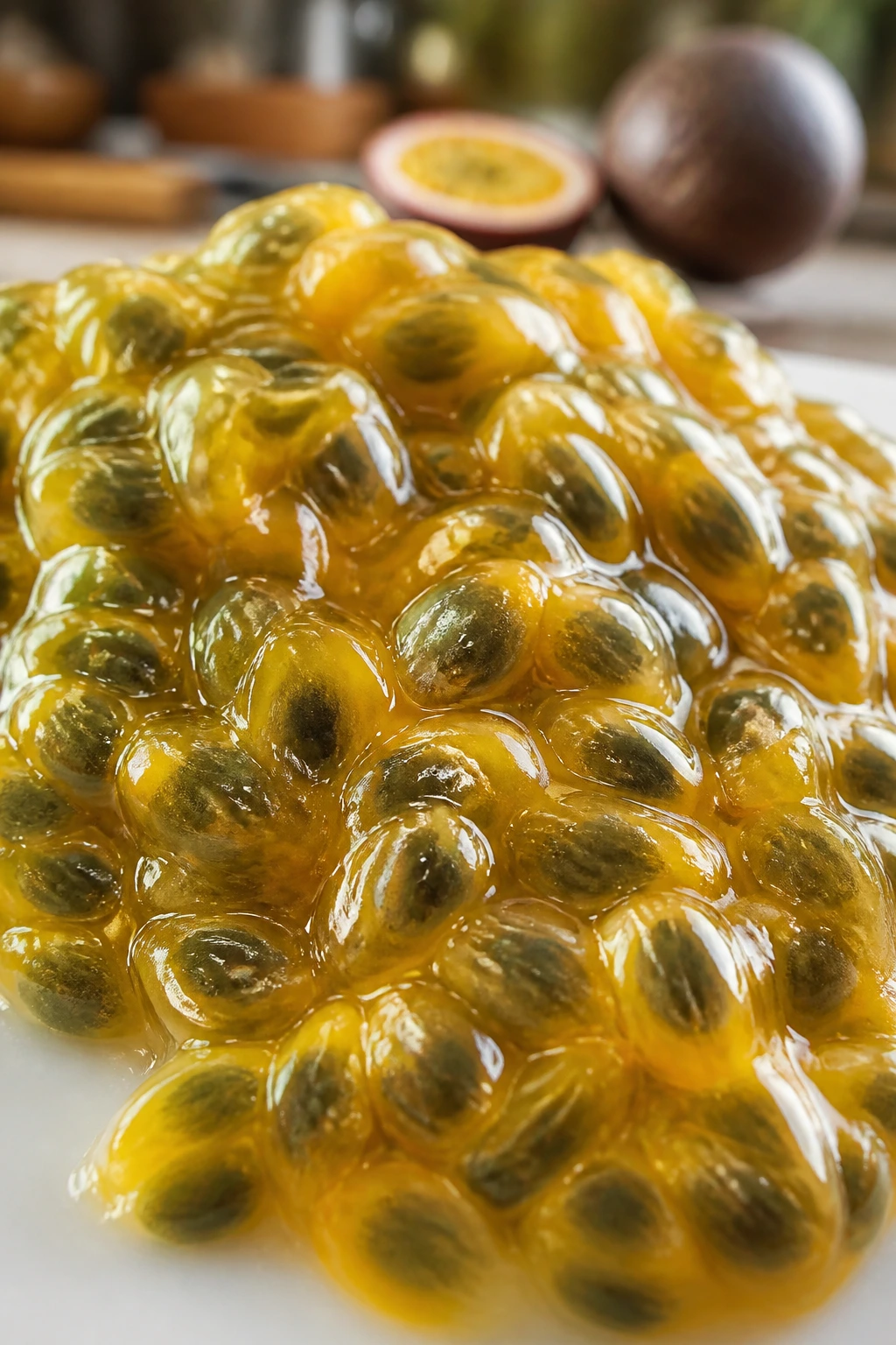 Macro image of passion fruit pulp with seeds