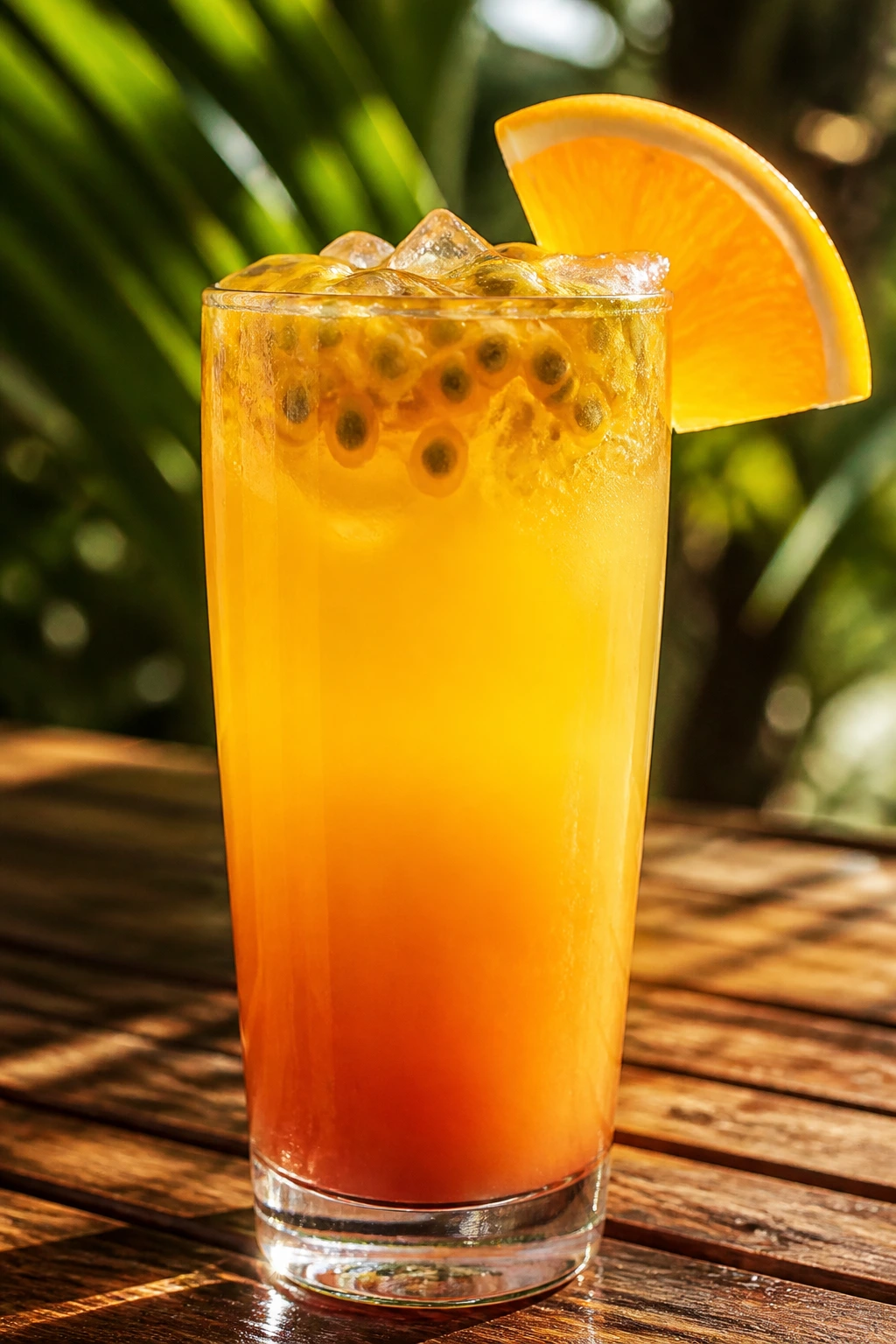 Close-up of a layered orange sunrise drink with orange slice garnish