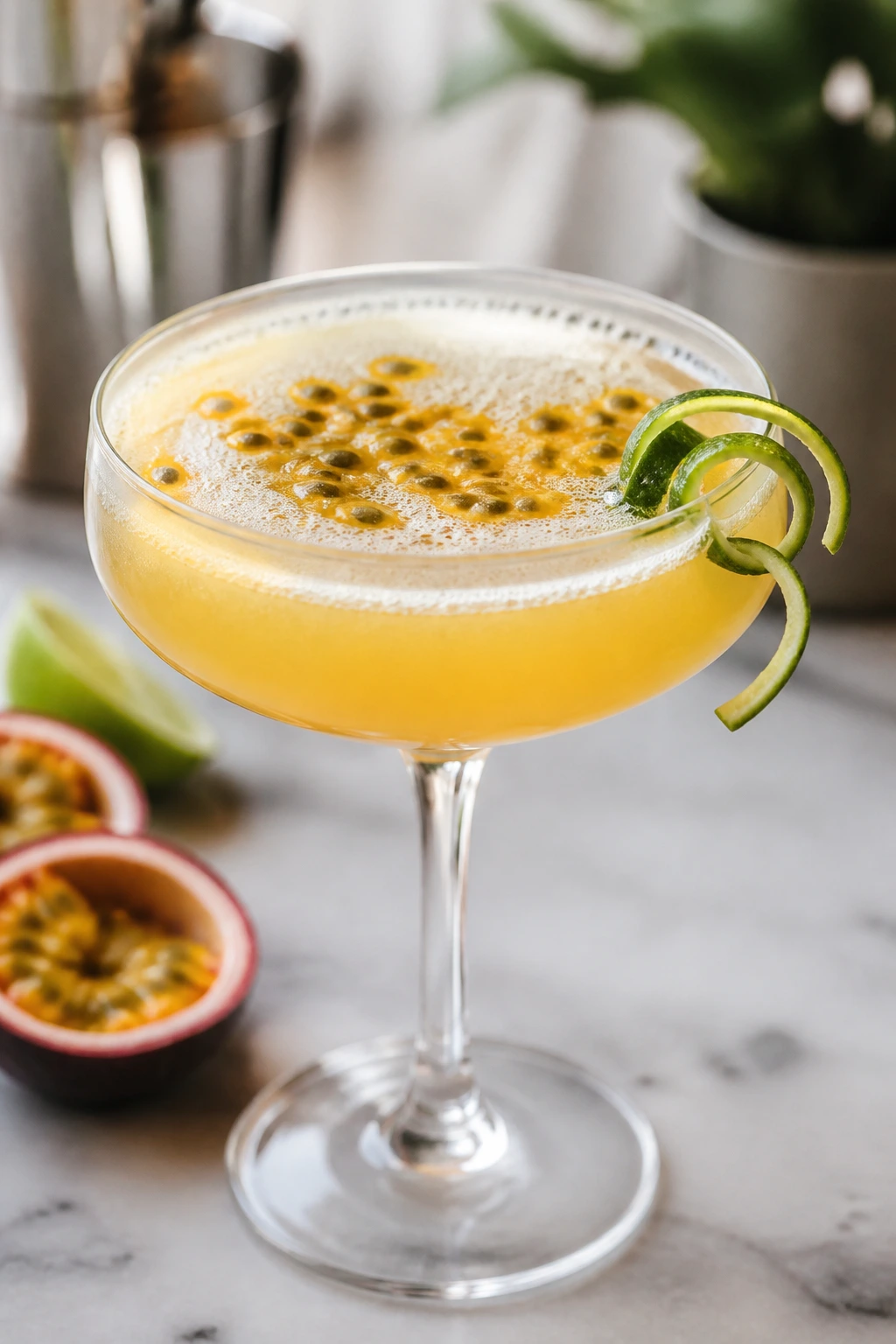 Coupe glass of Passion Fruit Vodka Fizz with lime twist