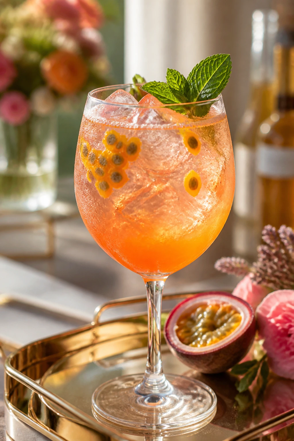 Passionfruit Prosecco Spritz in a glass with mint garnish