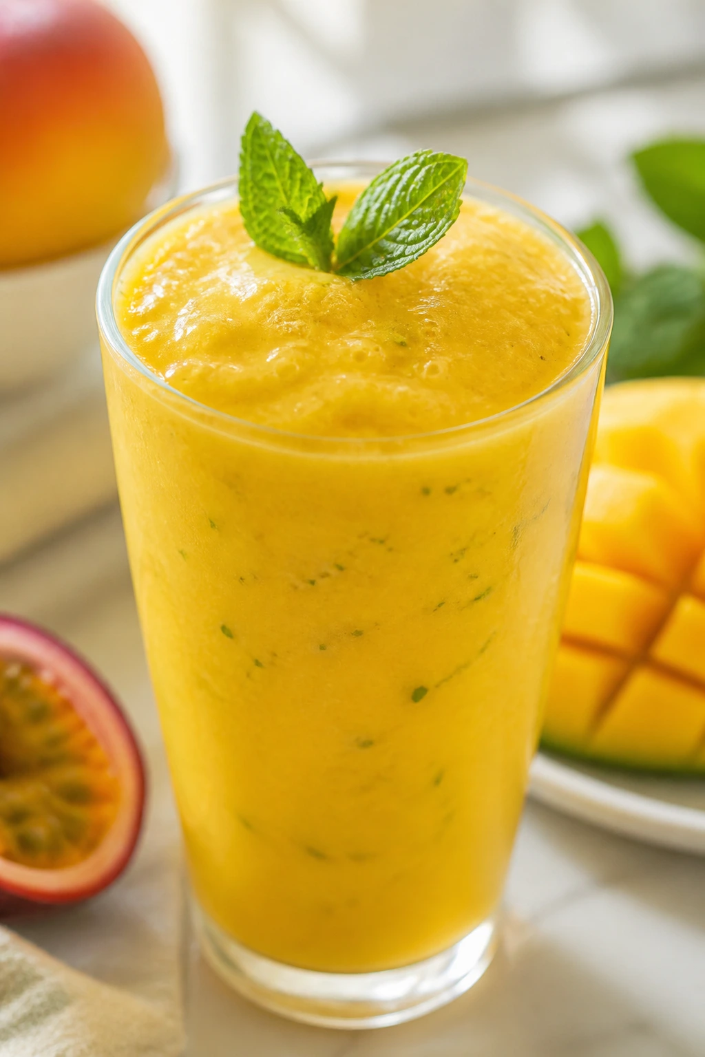 Yellow-gold passionfruit mango mint smoothie in glass on bright table