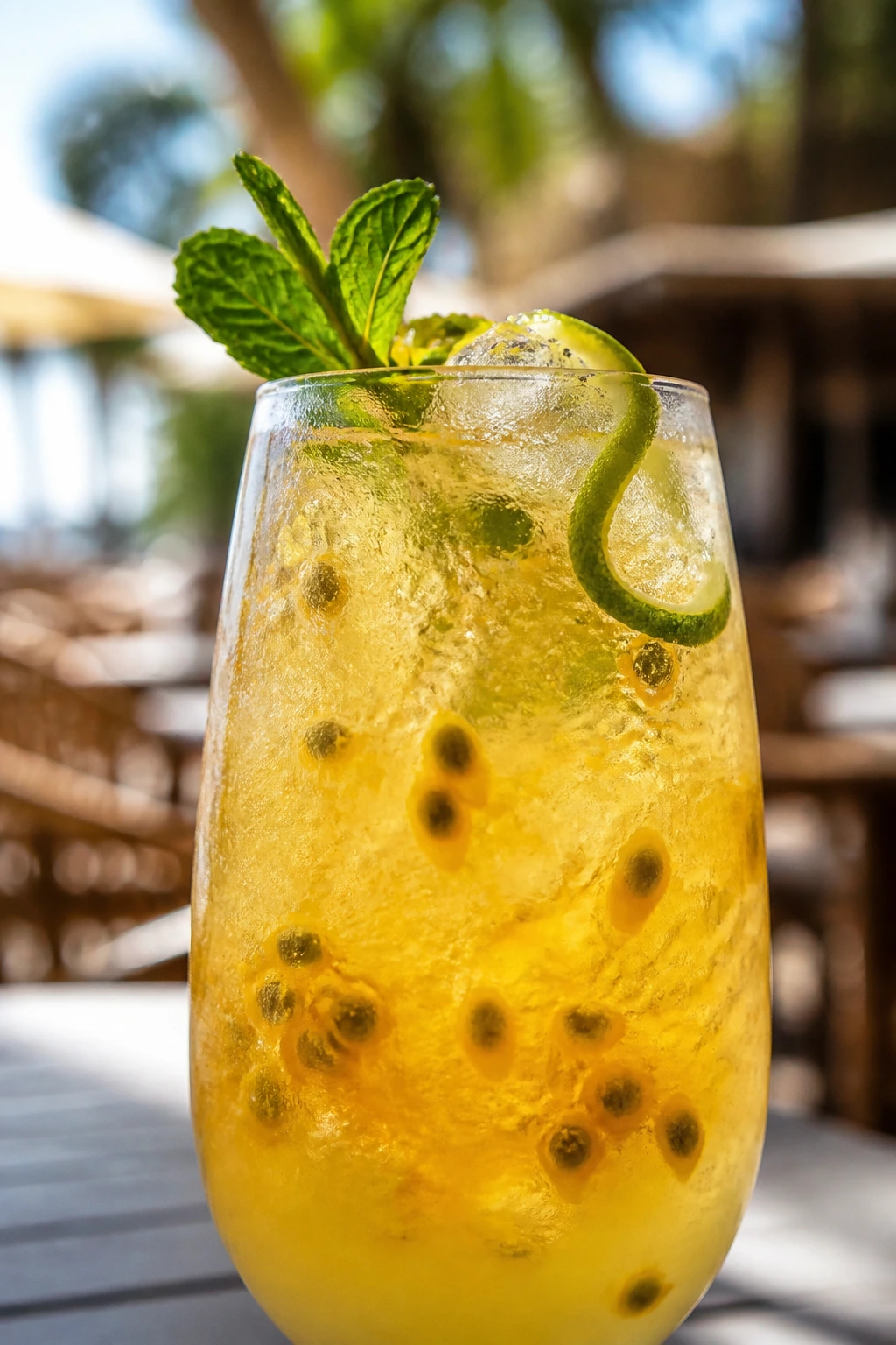 Tall glass of passionfruit spritz with mint in sunny setting.