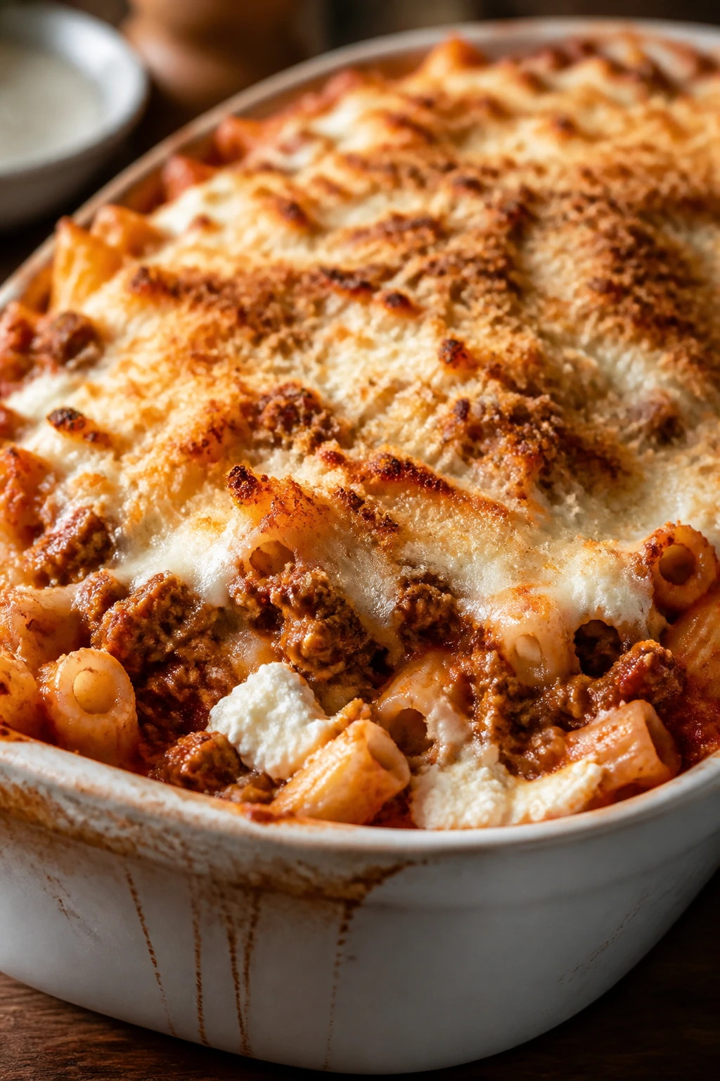Top view of Pasta al Forno with beef with cheese crust