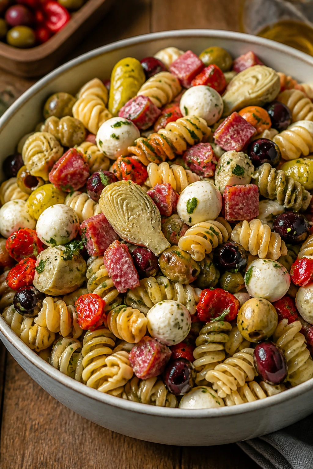 Close-up of antipasto pasta salad with salami and mozzarella in a bowl
