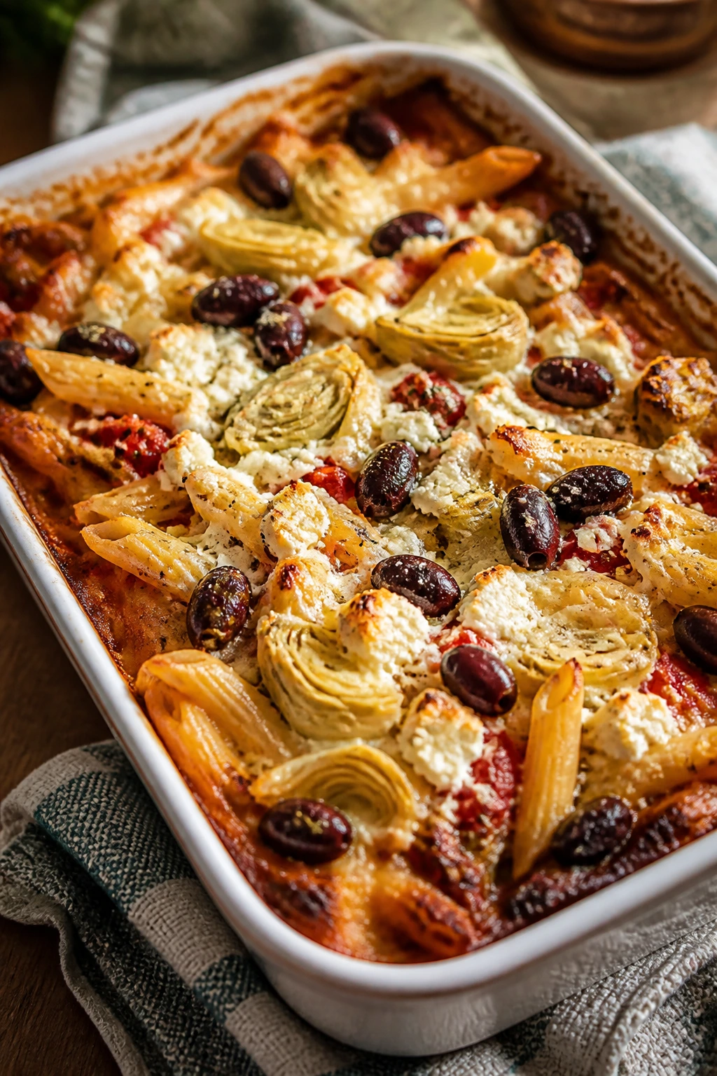 Baked Greek pasta with artichokes olives and feta