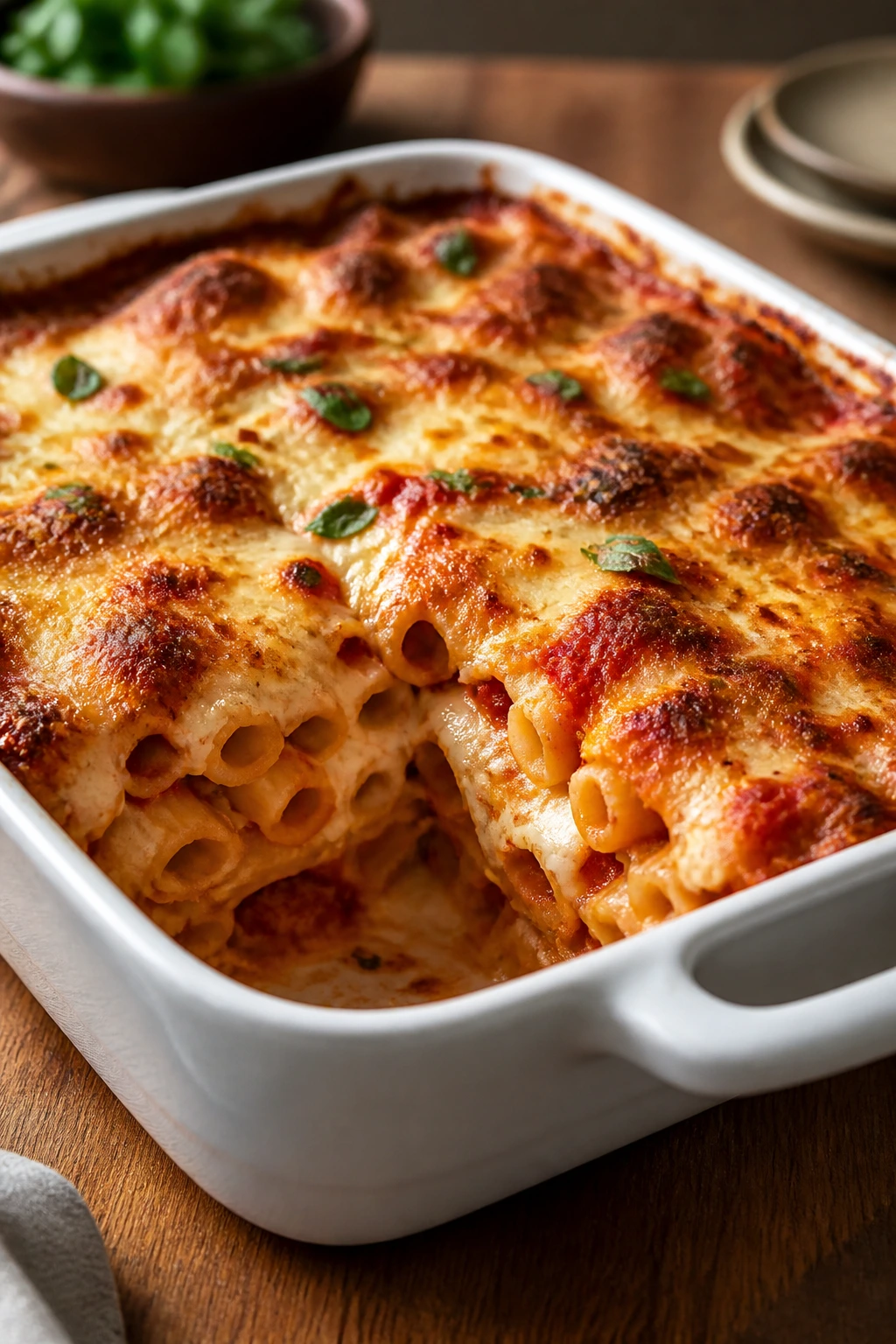 Baked ziti in a square dish with browned top on a kitchen table