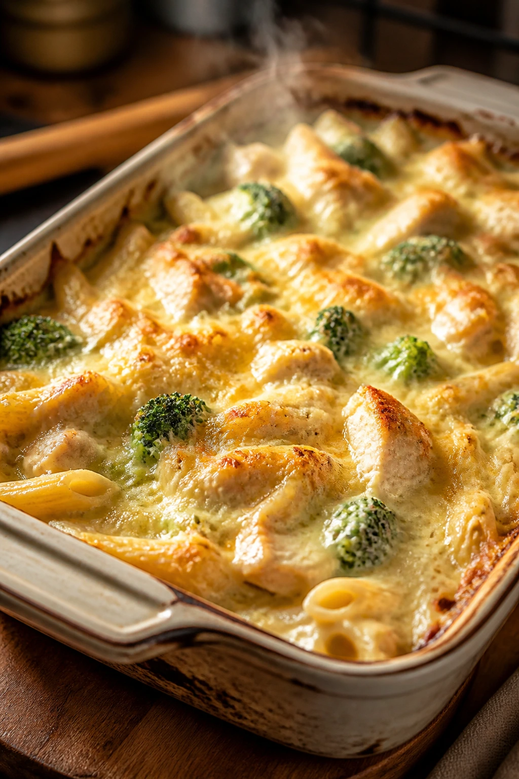Close-up of creamy chicken pasta bake with broccoli in a baking dish on a wooden counter