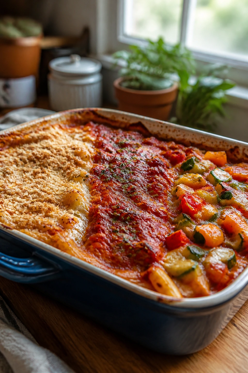 Close-up of a pasta bake with three topping variations in a single pan on a rustic kitchen counter