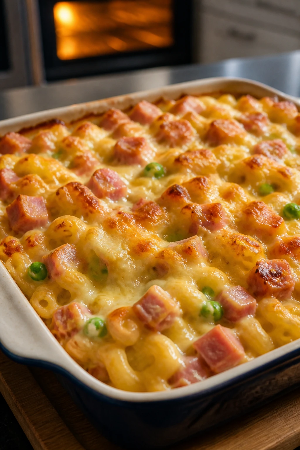 Bubbly Ham and Cheese Pasta Bake in casserole