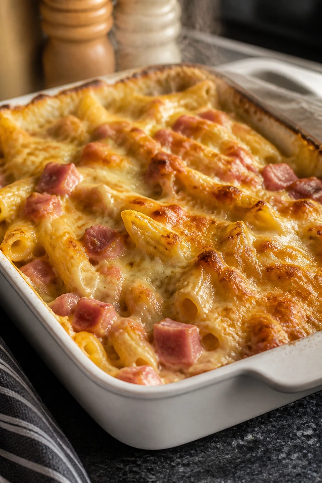 Baked ham and cheese pasta bake with golden top on a kitchen counter