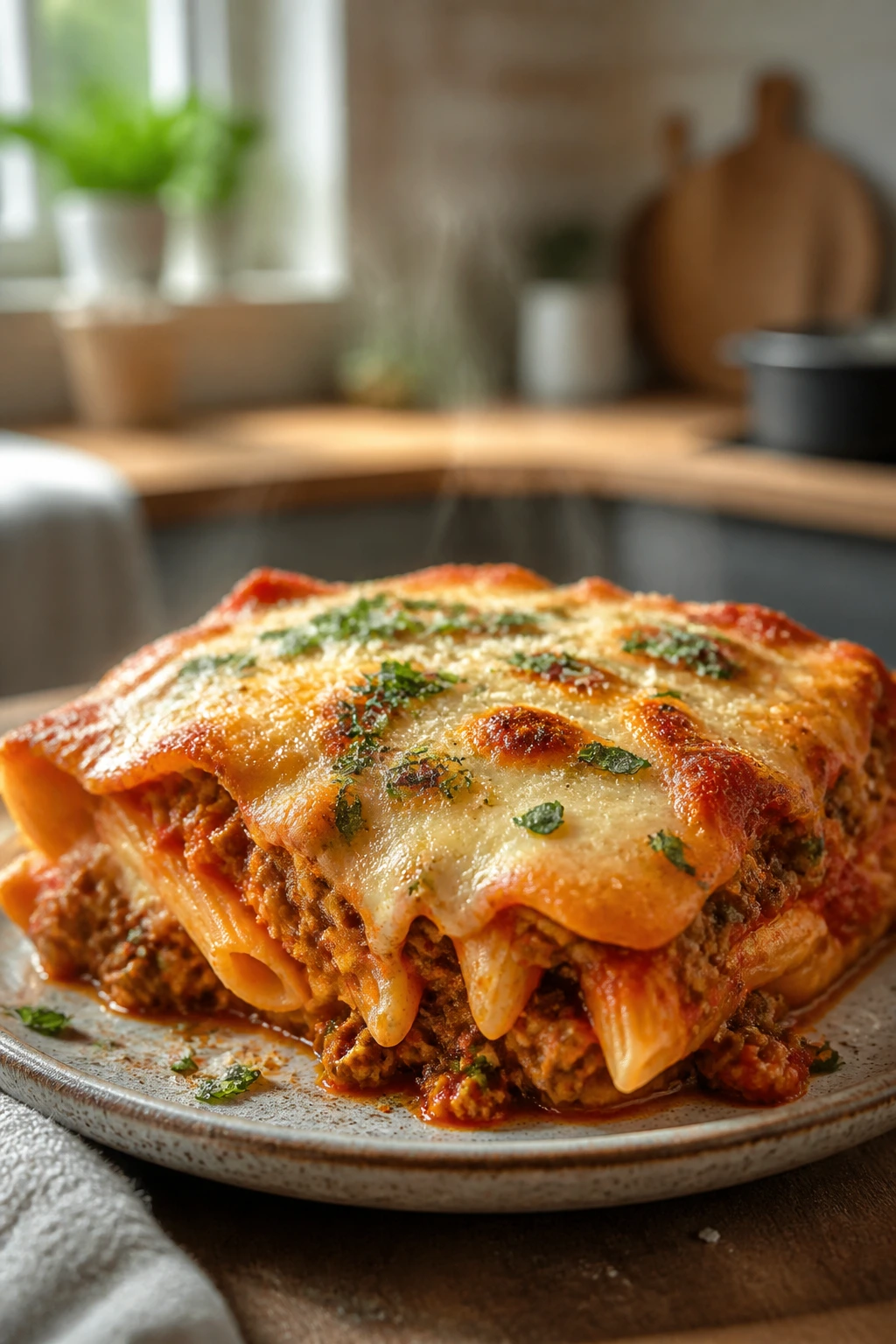 Close-up of a cheesy pasta bake on a ceramic plate in a warm kitchen