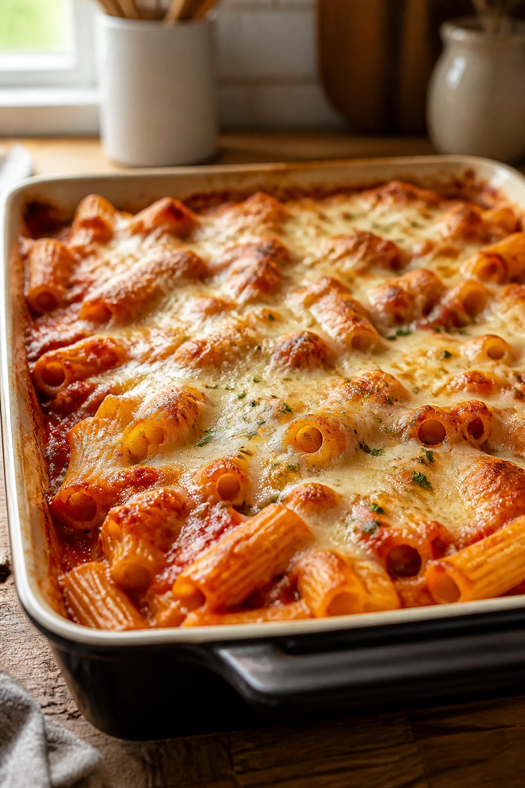 Close-up of a cheesy baked pasta dish suitable for lunchboxes