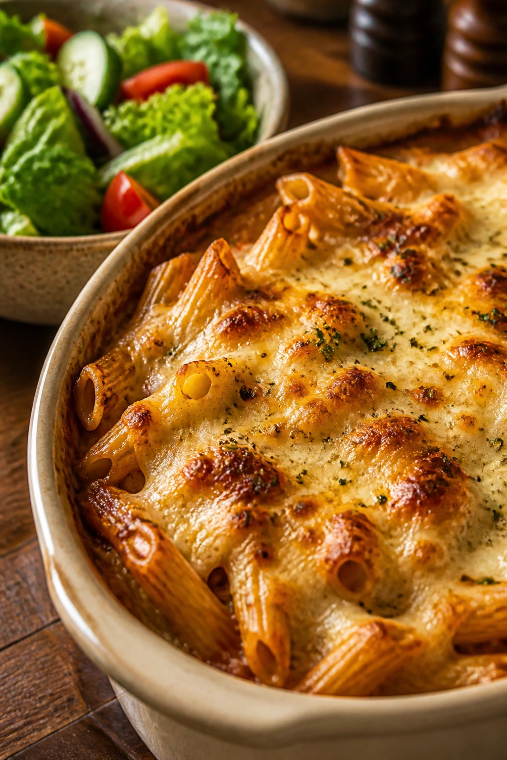 Pasta bake in a ceramic dish with a side salad on a kitchen counter