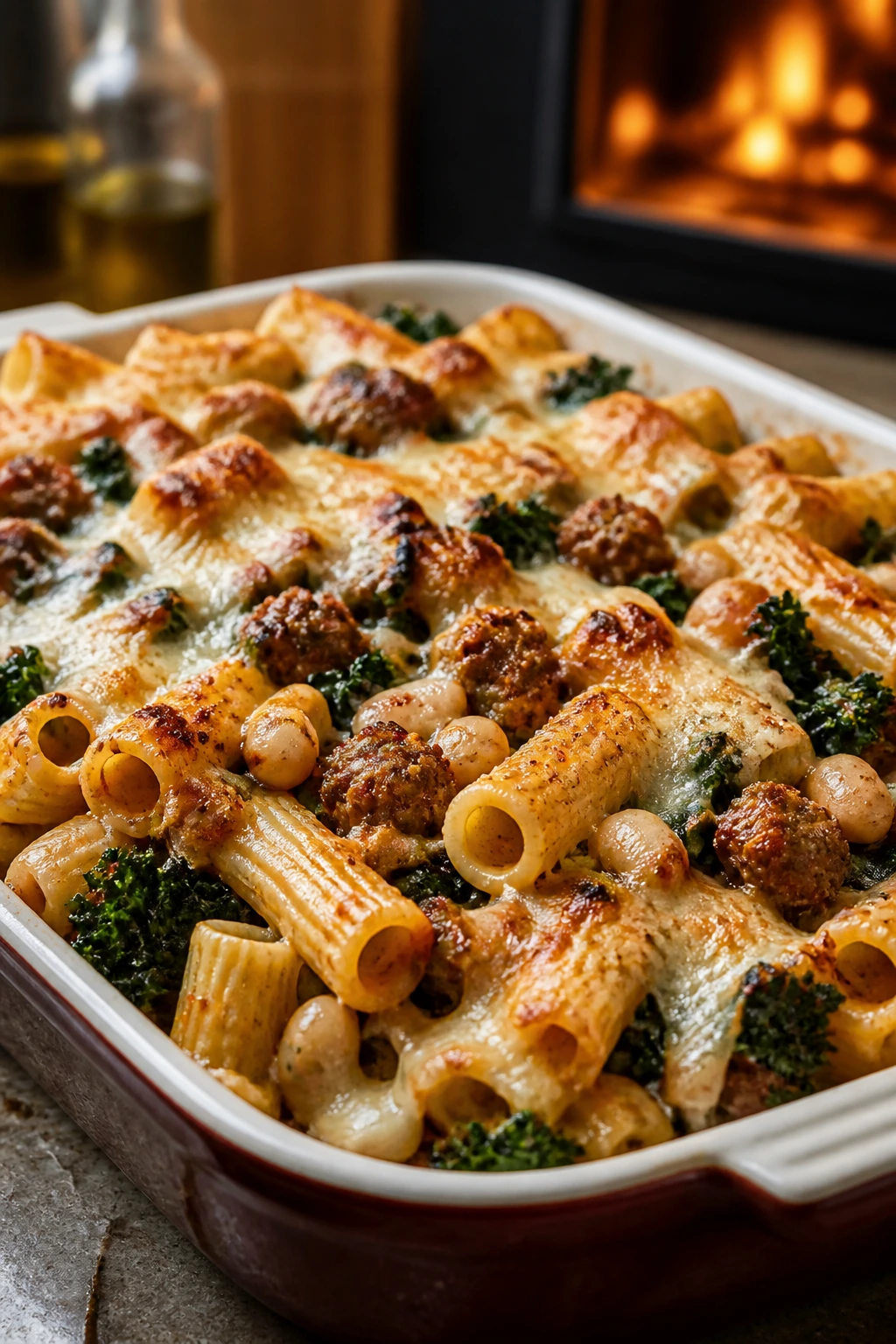 Baked pasta bake with sausage kale cannellini beans