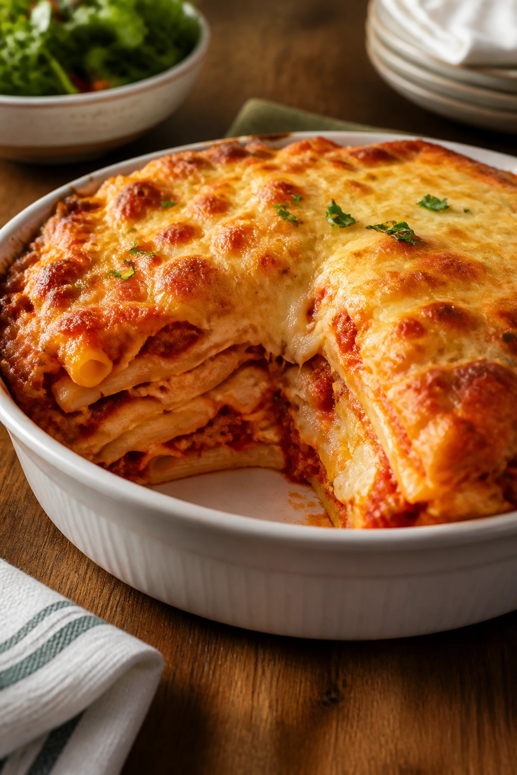 Plate of baked pasta with cheese bubbling on top