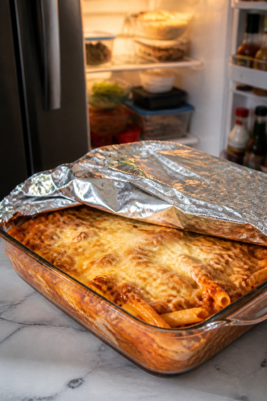 9x13 baking dish with pasta bake ready for reheating