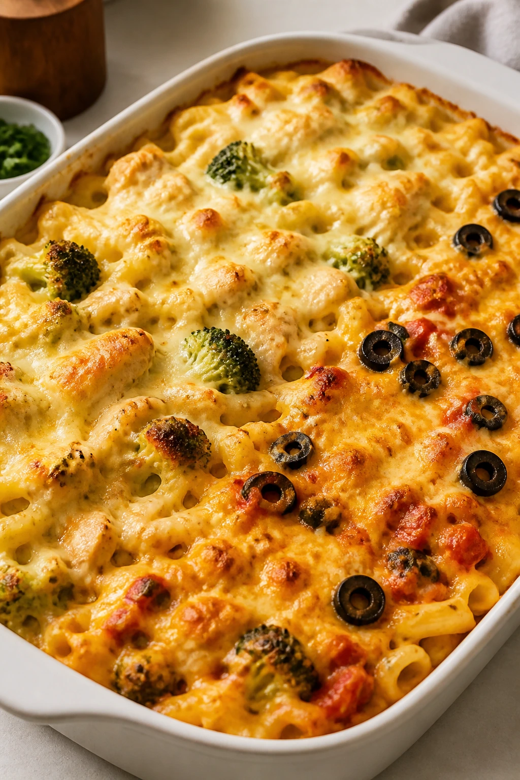 Chicken pasta bake with golden cheese crust suggesting variations