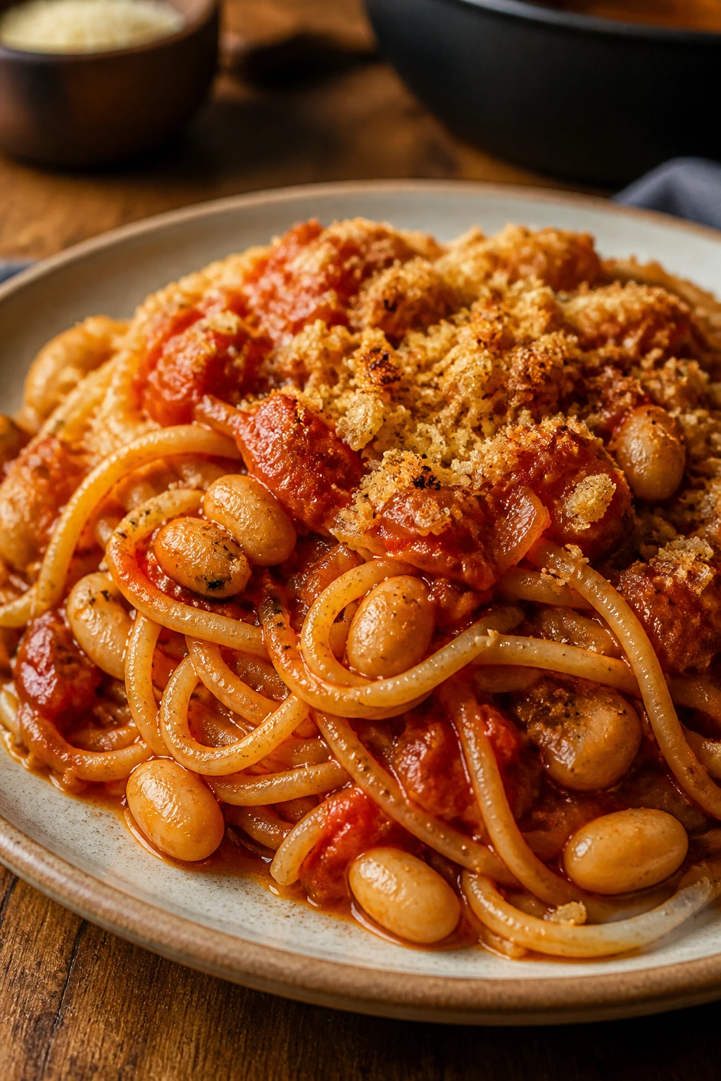 Plated tomato-garlic spaghetti with white beans and breadcrumbs