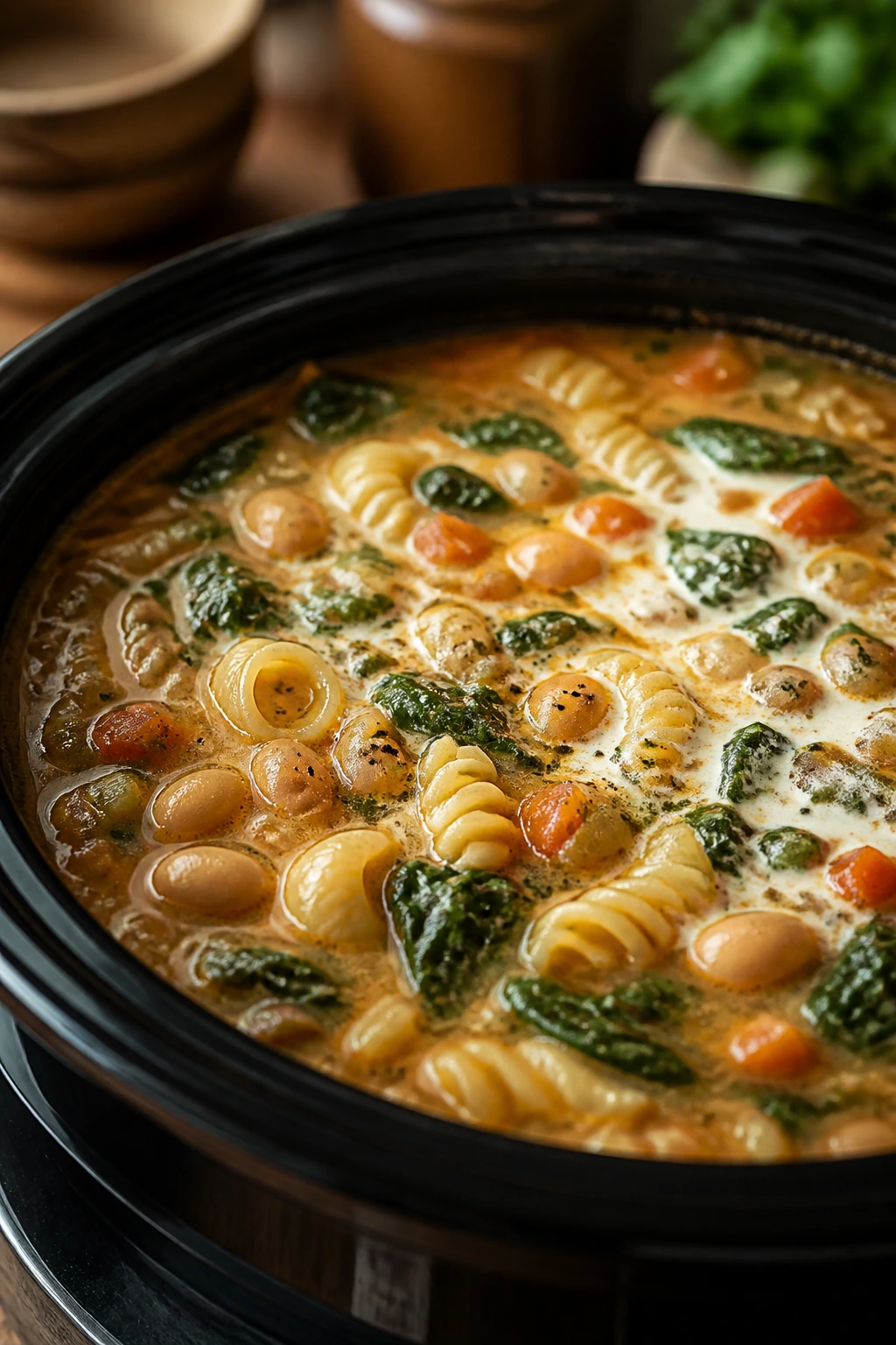 Close-up of soup simmering with pasta, beans, greens, and a swirl of dairy in a pot.