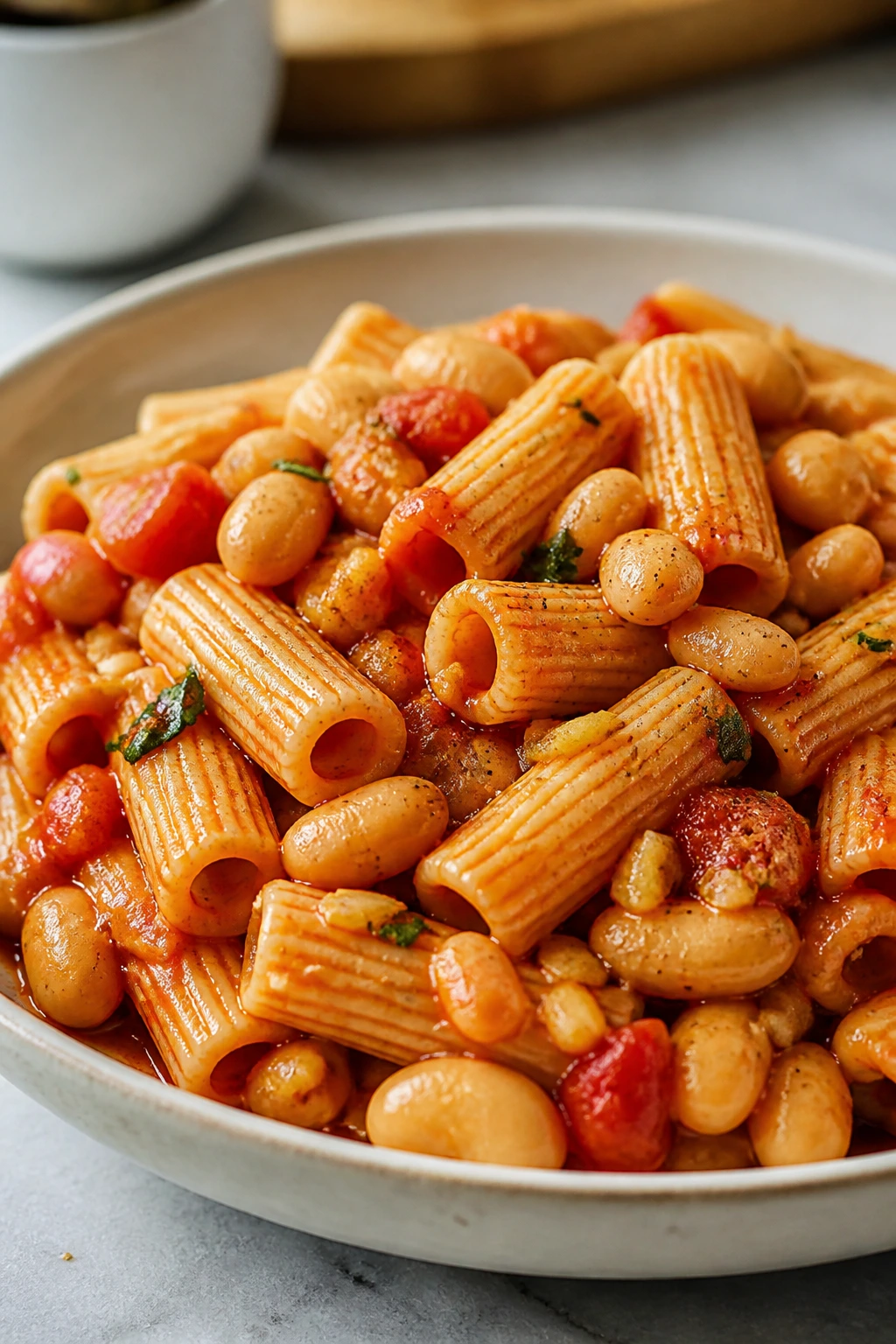Glossy pasta with garlic, tomatoes, and white beans on plate