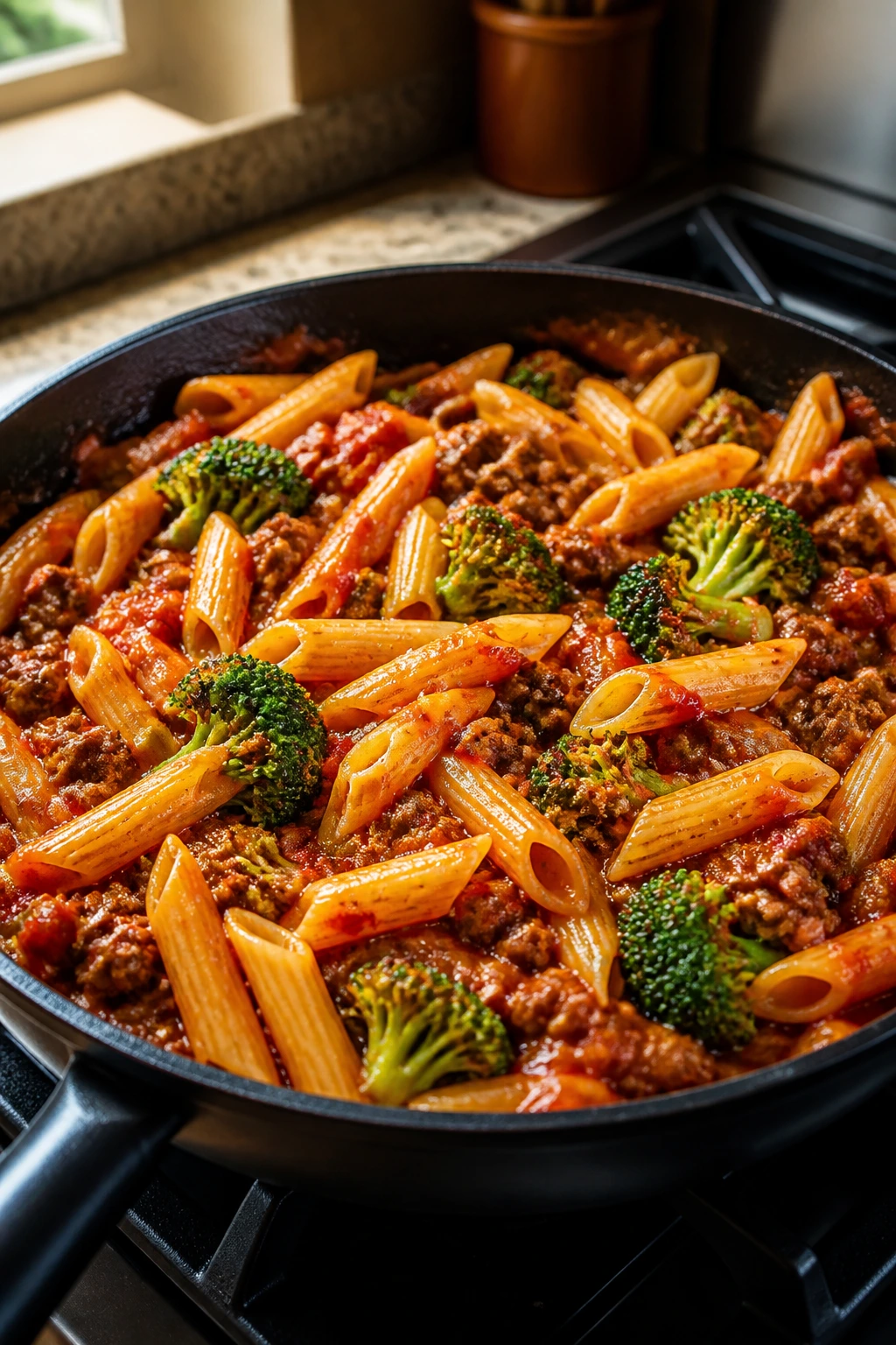 Pasta with ground beef and broccoli in tomato sauce