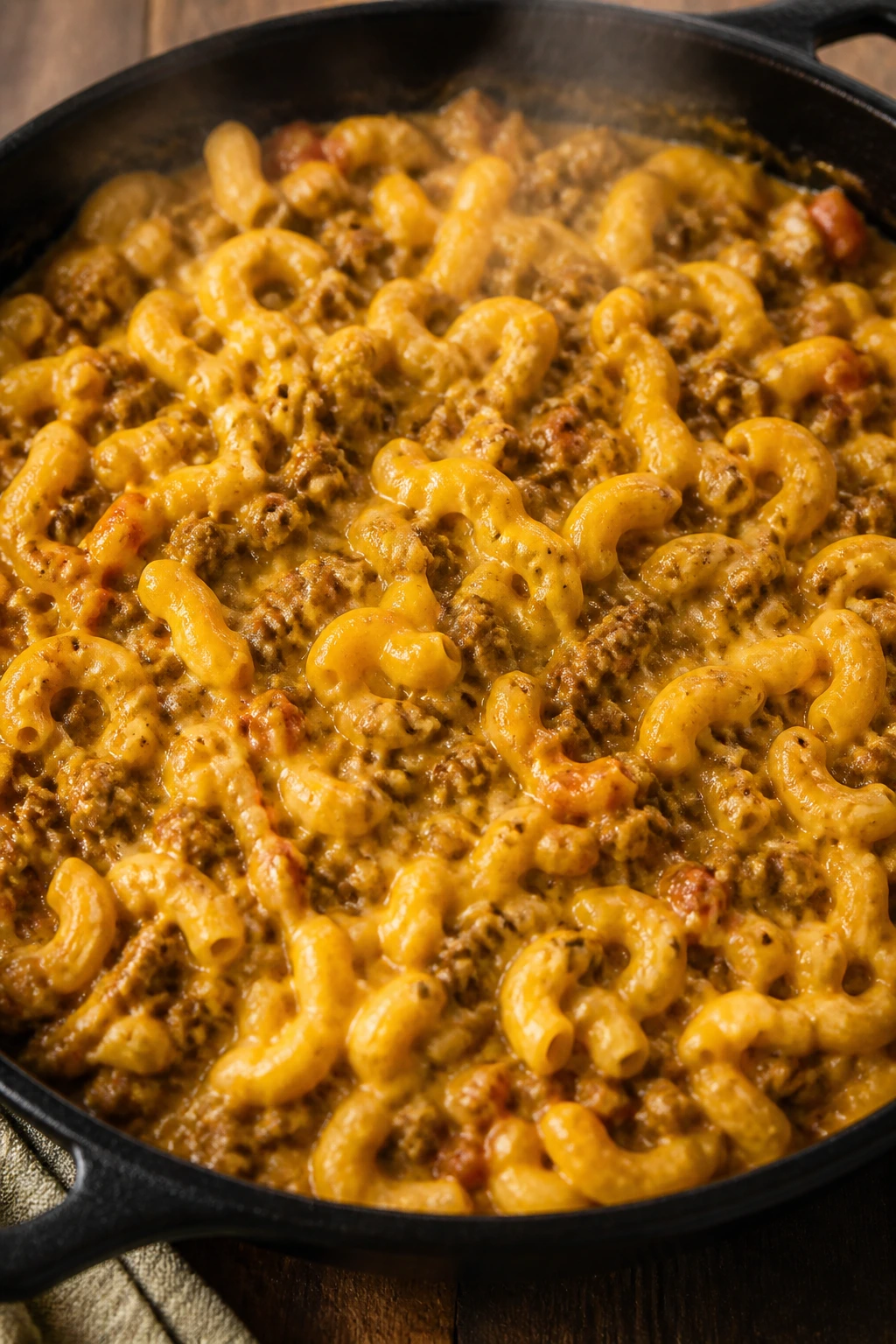 Cheeseburger pasta in a skillet with melted cheese