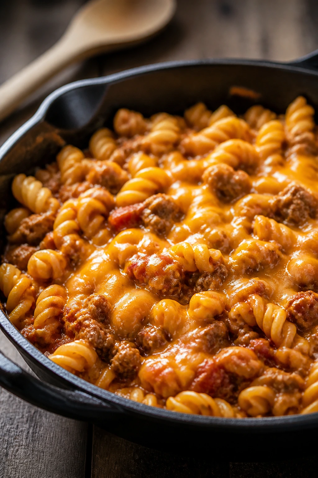 Skillet of cheeseburger-inspired pasta
