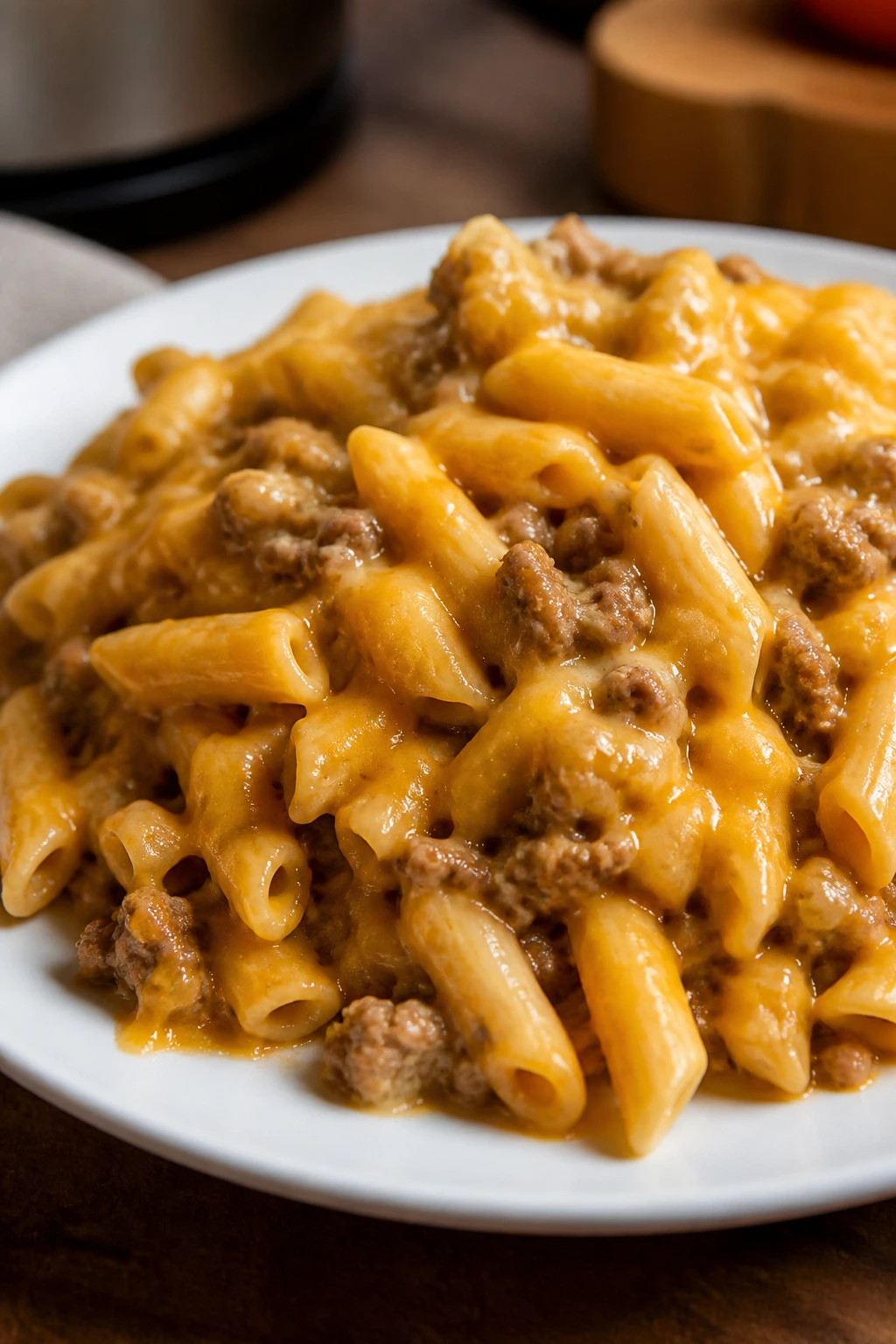 Close-up of cheeseburger pasta with beef and melted cheese on a plate