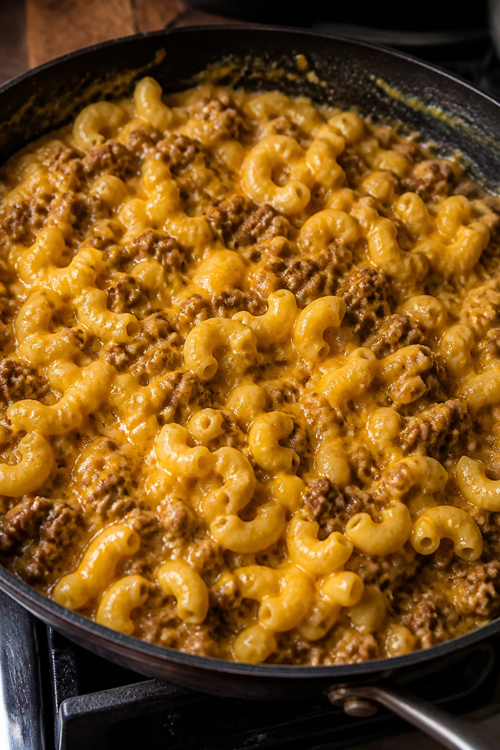 Close-up of creamy cheeseburger pasta in a skillet filling the frame