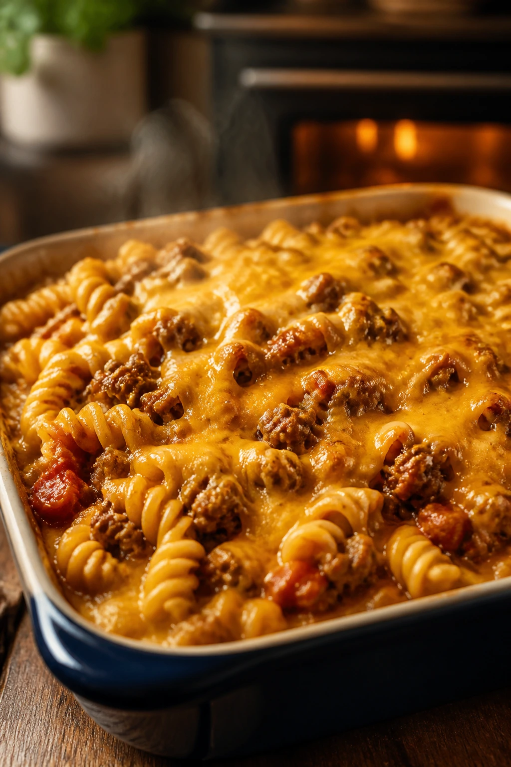 Bubbling cheesy taco pasta bake in a baking dish