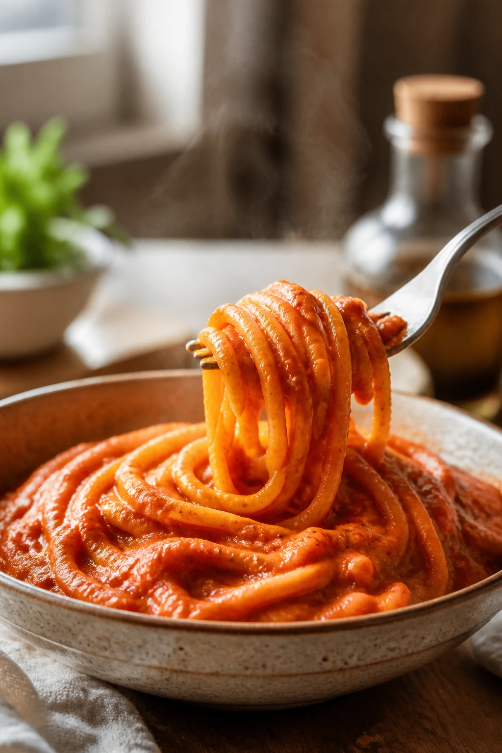 Pasta with smooth blended veggie marinara on a rustic plate