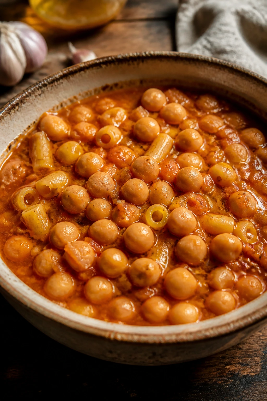 Close-up of Pasta e Ceci in a rustic bowl with chickpeas and olive oil