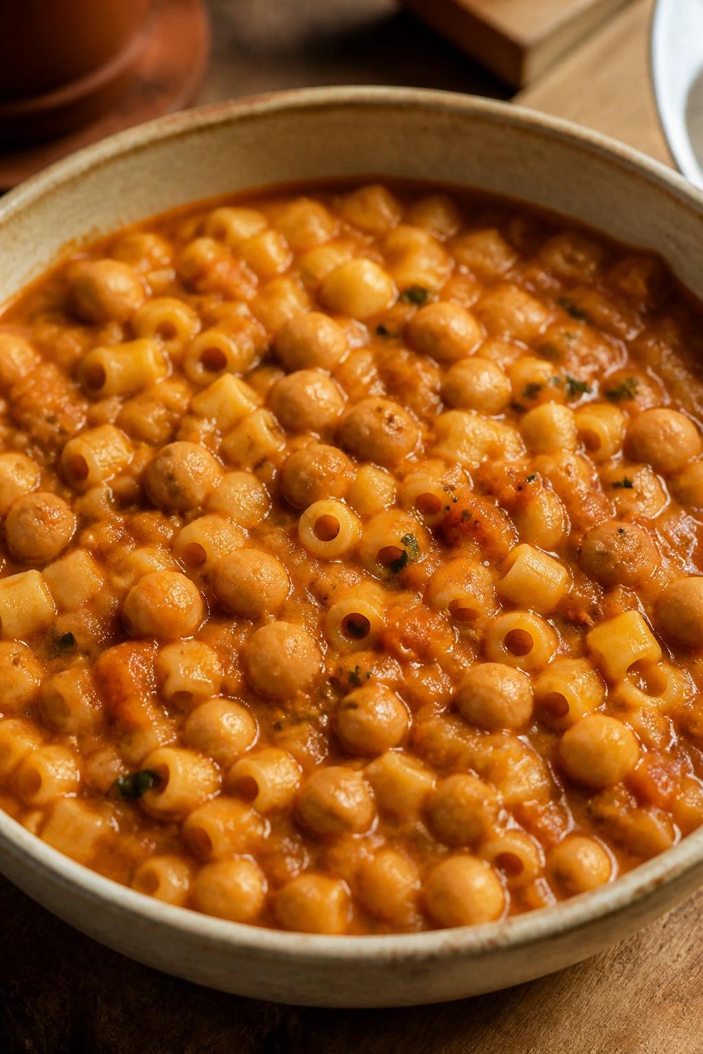 Close-up of creamy pasta with chickpeas in tomato sauce in a rustic bowl.