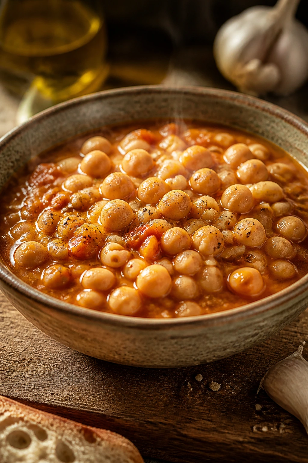 Close-up of pasta e ceci in a rustic bowl with chickpeas