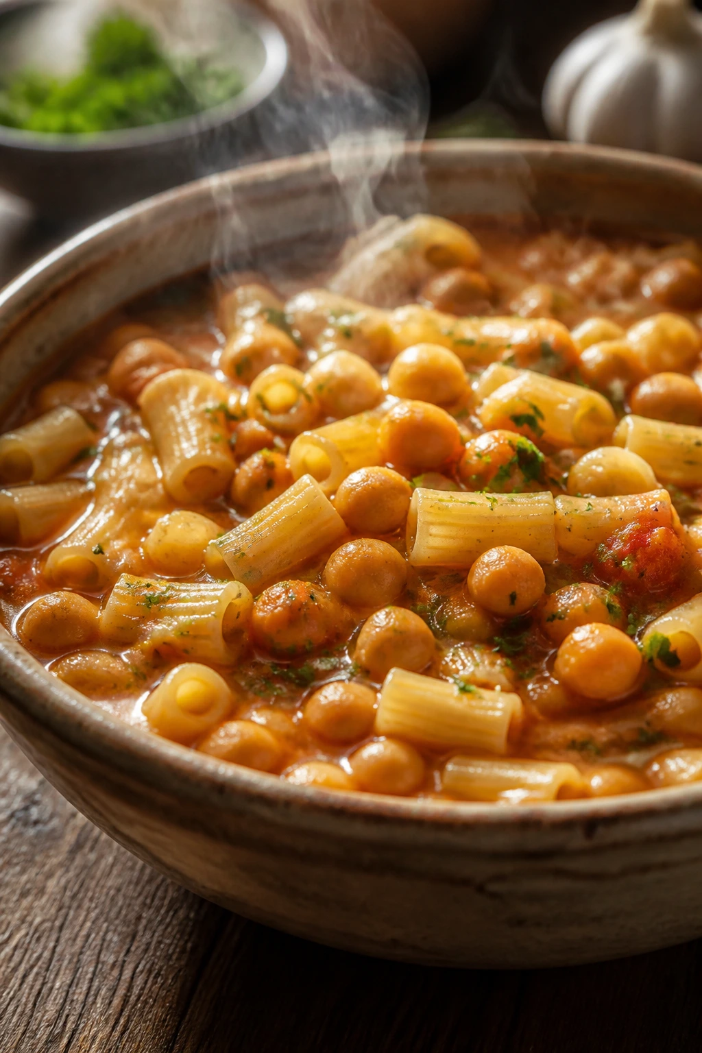 Hearty pasta e ceci in a rustic bowl with chickpeas and pasta in tomato broth