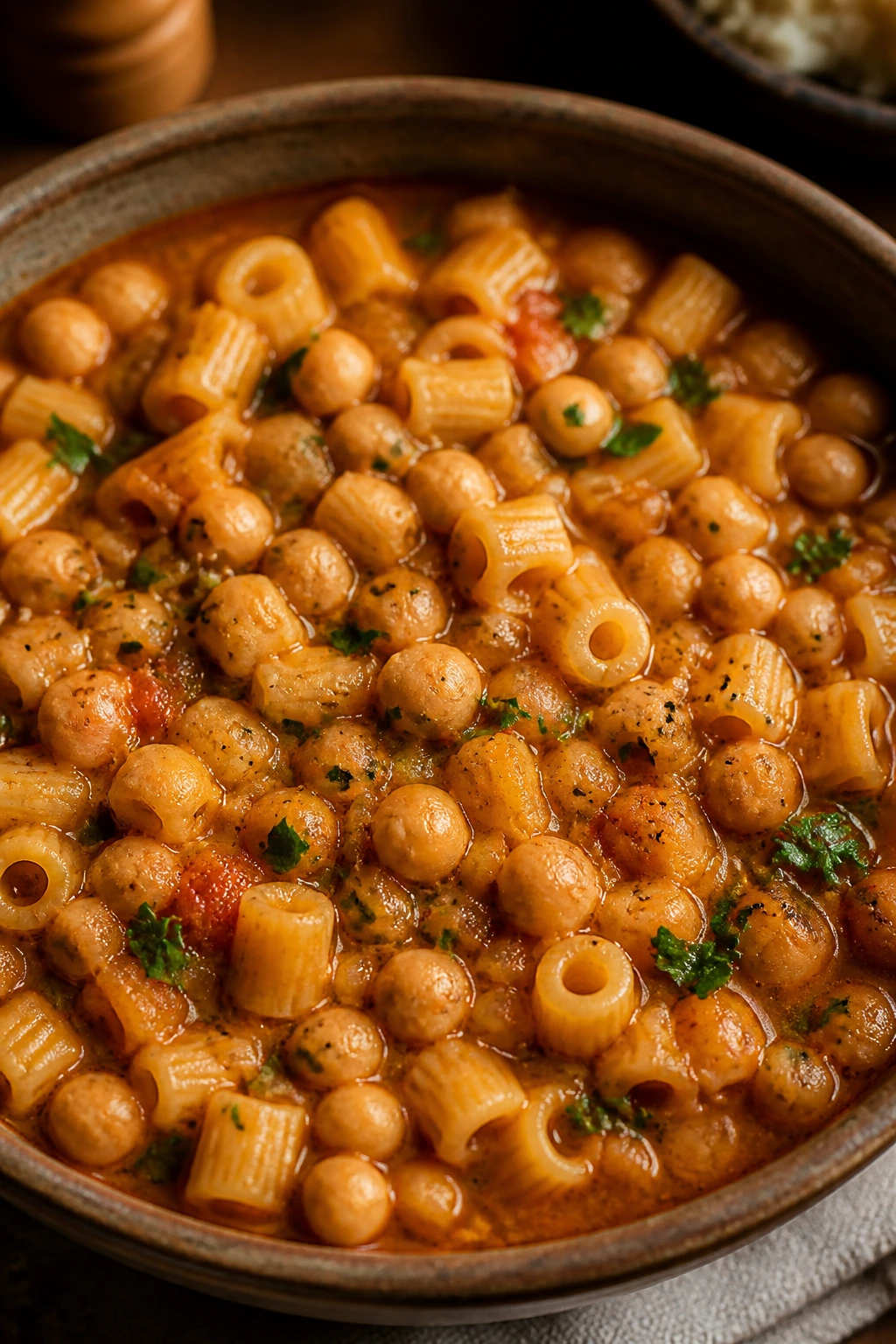 Close-up of pasta e ceci in a rustic bowl with chickpeas and tomato broth