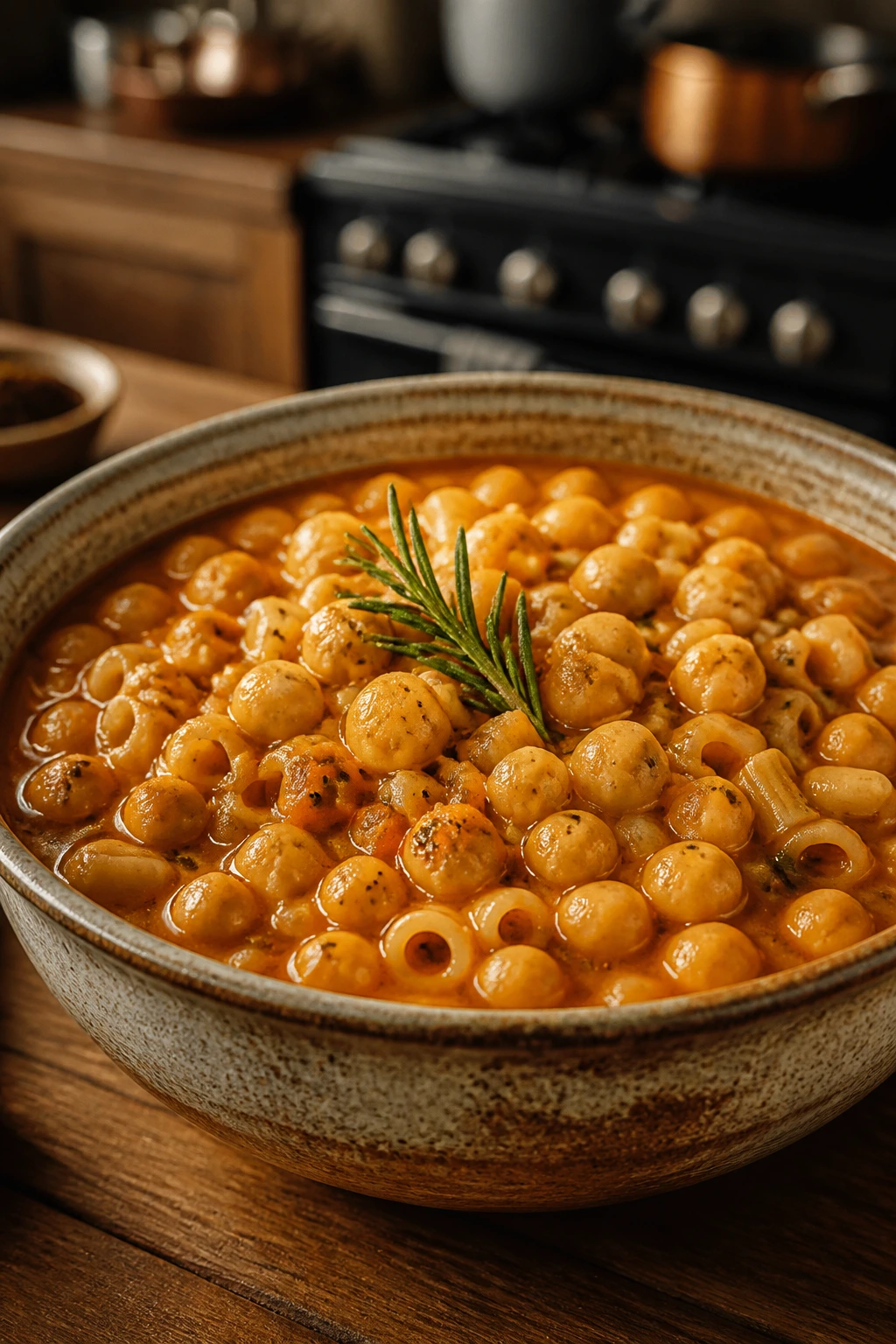 Close-up of Pasta e Ceci in a creamy chickpea broth with rosemary on a rustic table