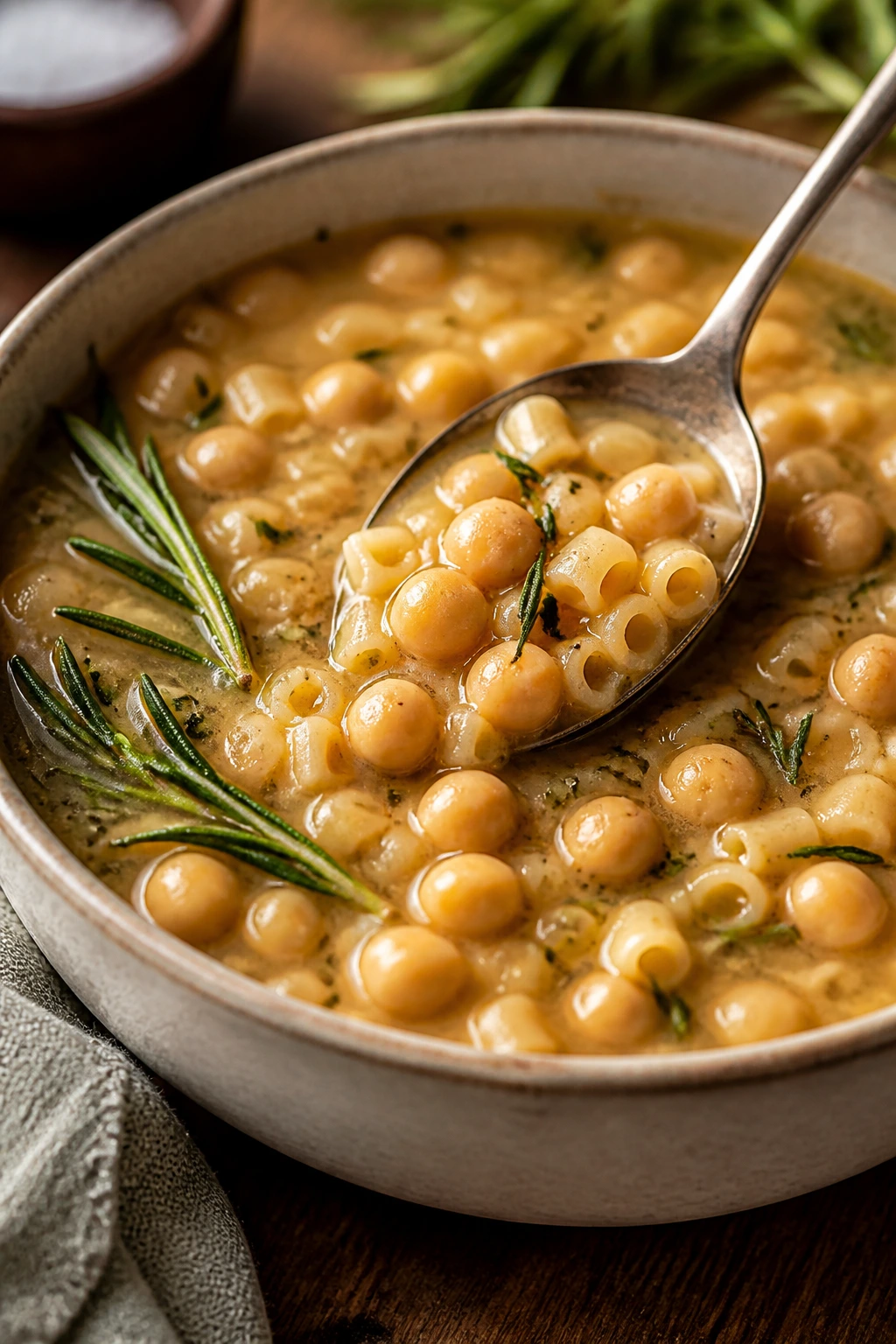 Bowl of Pasta e Ceci with chickpeas and rosemary