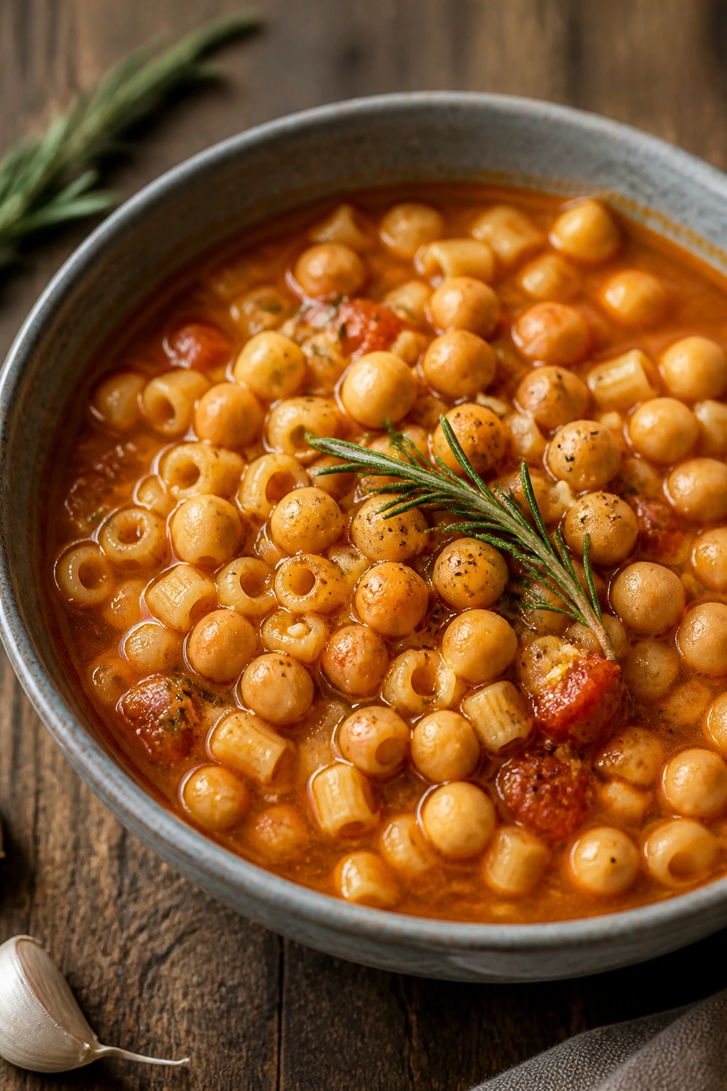 Rustic pasta e ceci with chickpeas in tomato broth