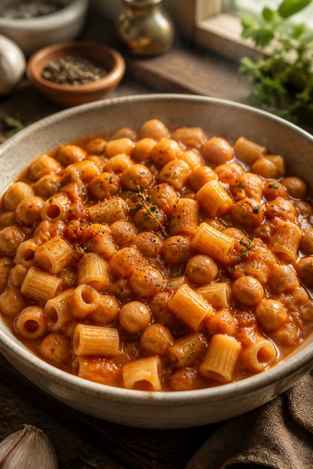 Close-up of pasta e ceci in tomato-garlic-thyme broth with chickpeas