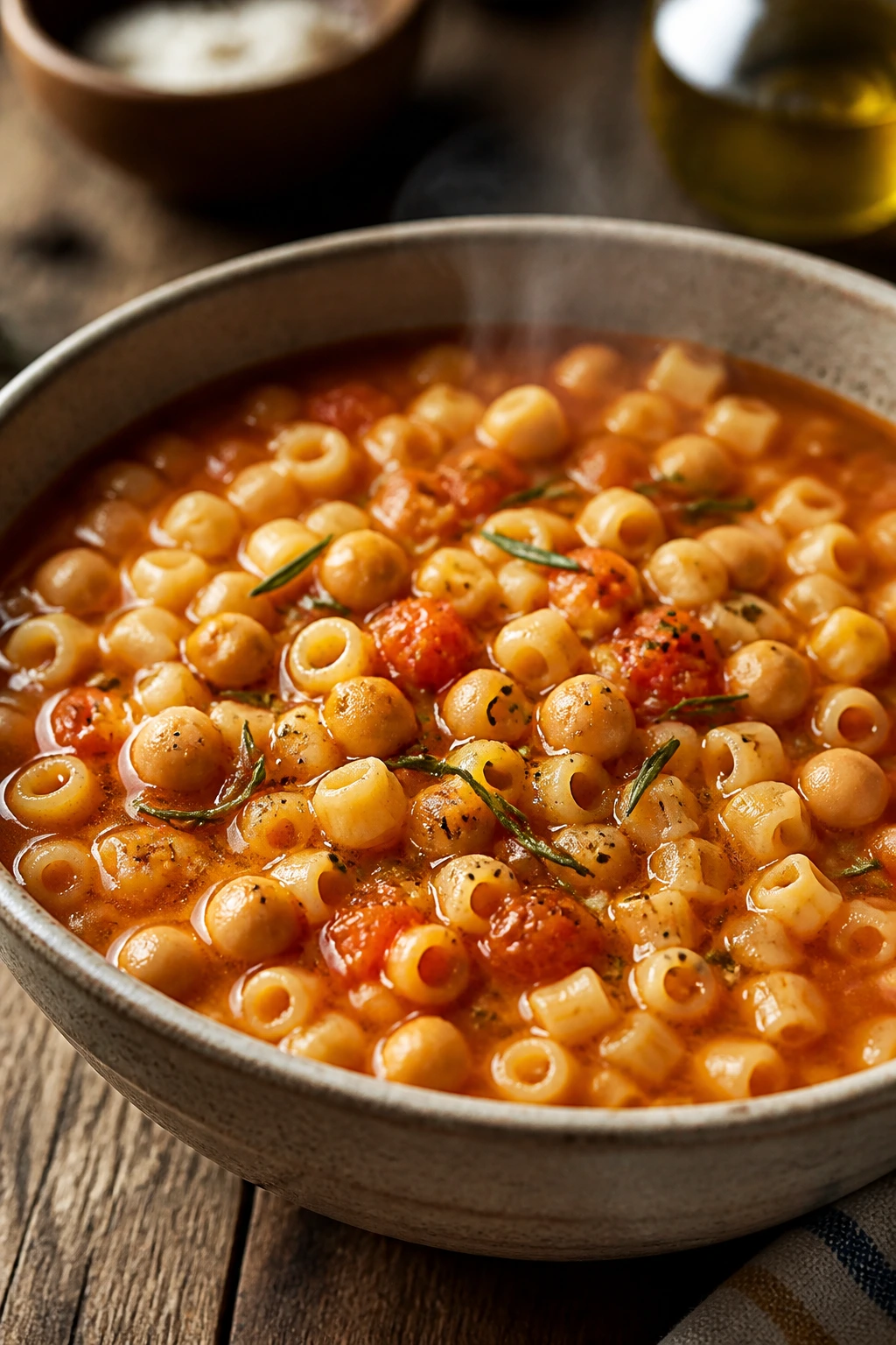 Pasta e Ceci in a deep bowl with chickpeas and tomato broth