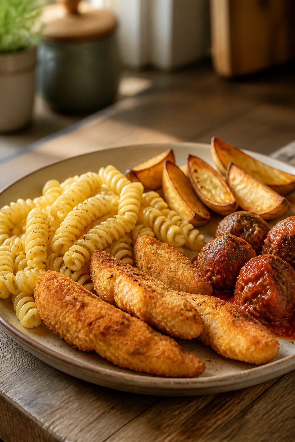 Close-up plate with pasta twists, chicken strips, potato wedges, and meatballs on a warm kitchen counter