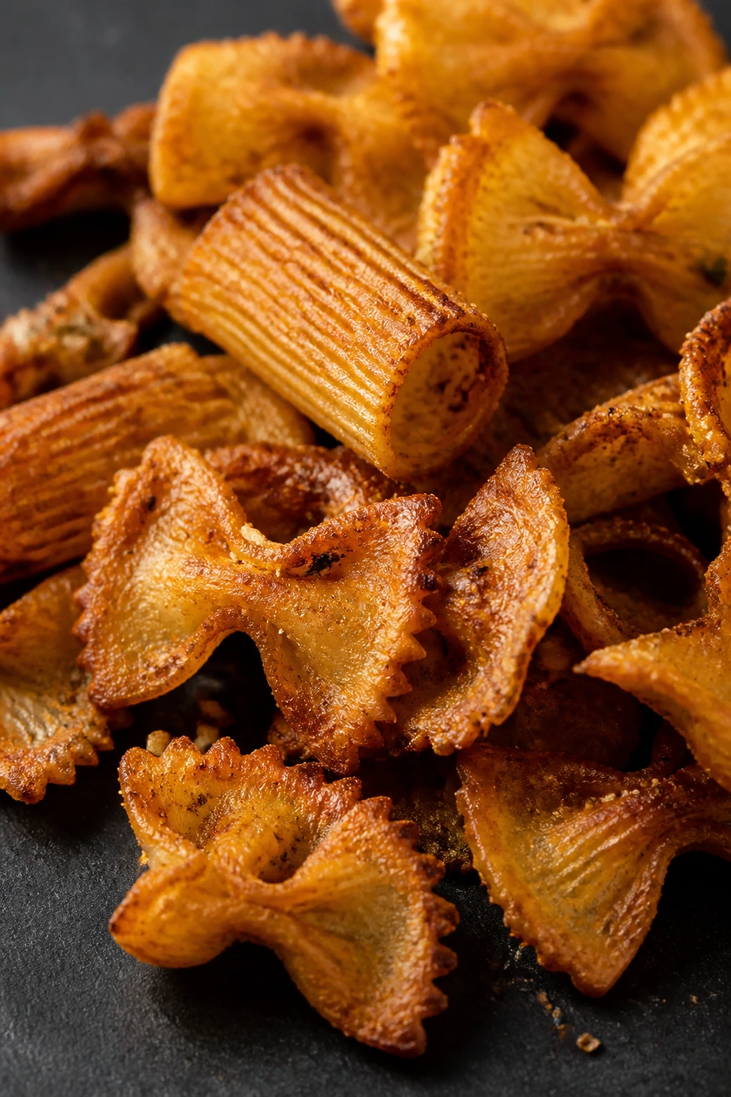 Close-up of golden pasta chips on a dark surface