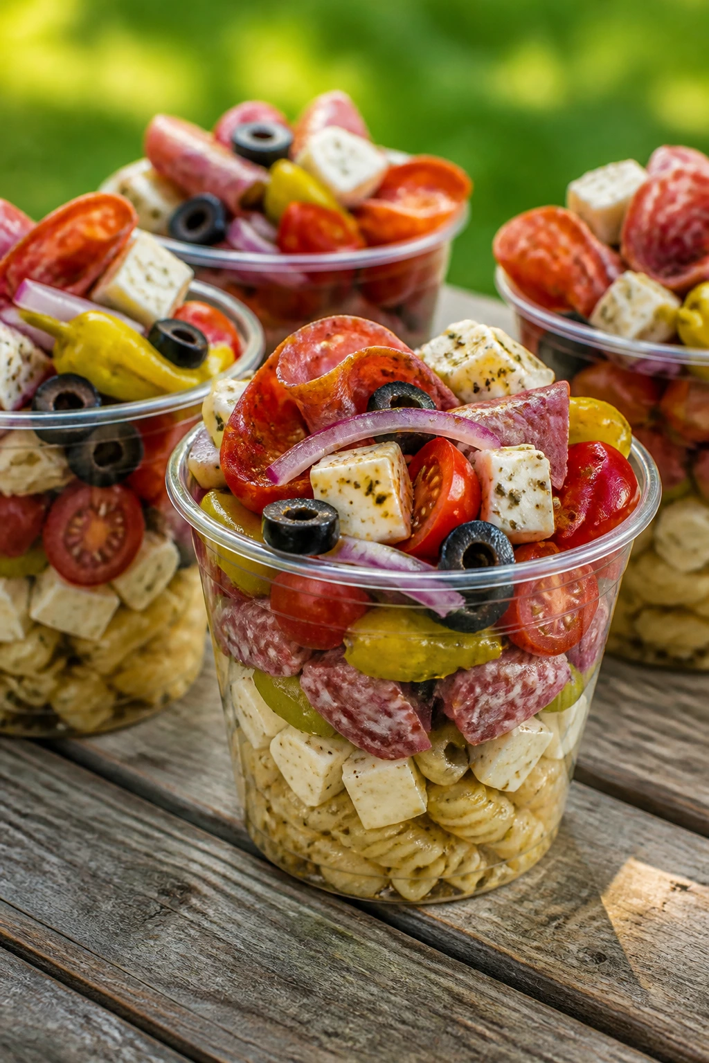 Close-up of Italian deli pasta salad cups with salami mozzarella olives on a picnic table