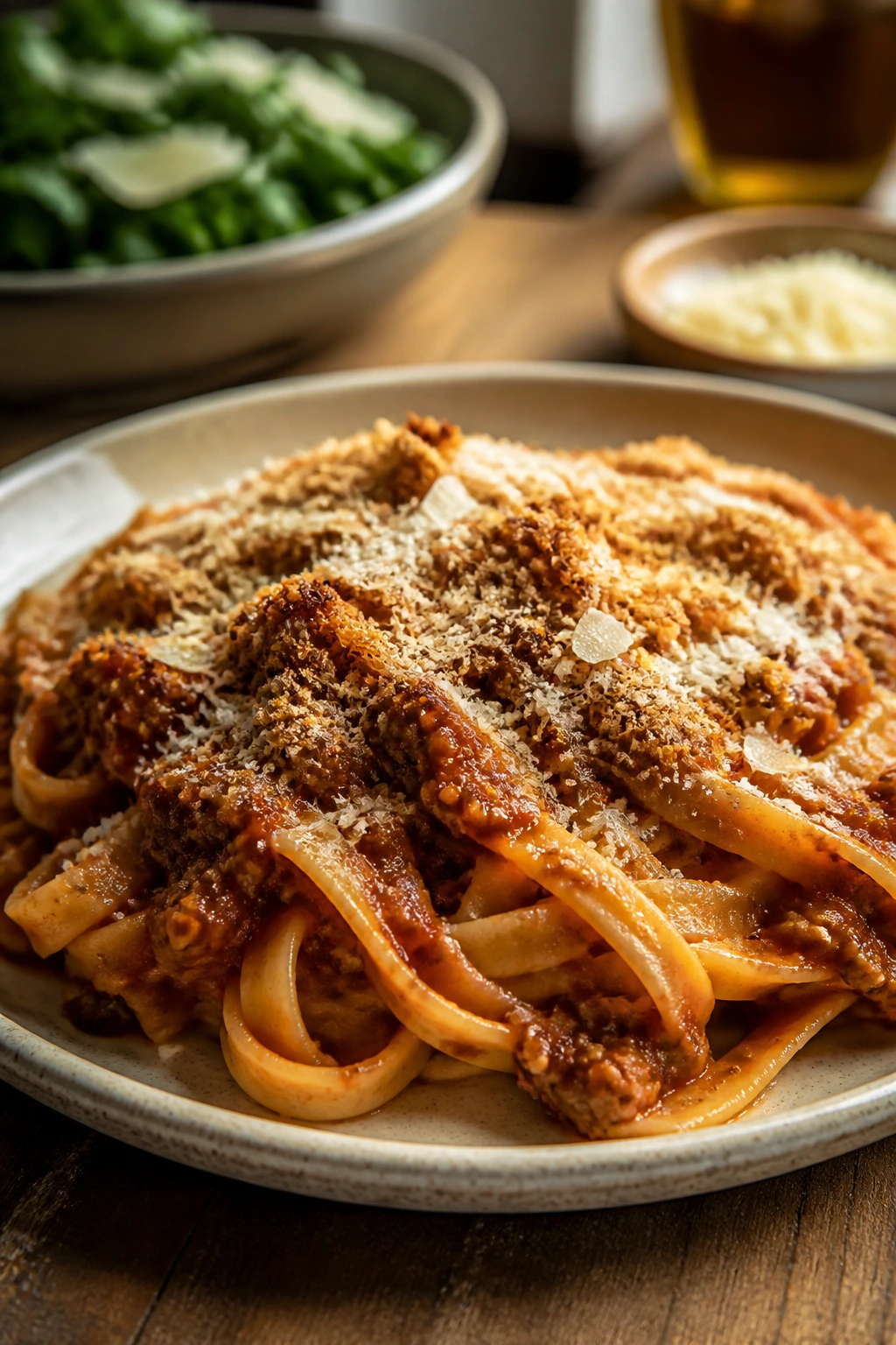 Plated pasta with glossy sauce and breadcrumb topping on a warm table